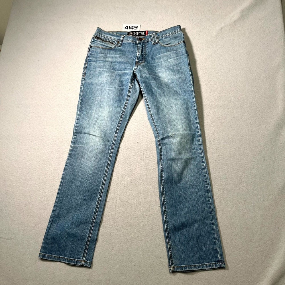 Empyre Jeans Mens 30 Blue Denim Zip Pockets Light Wash Super Slim Straight Leg